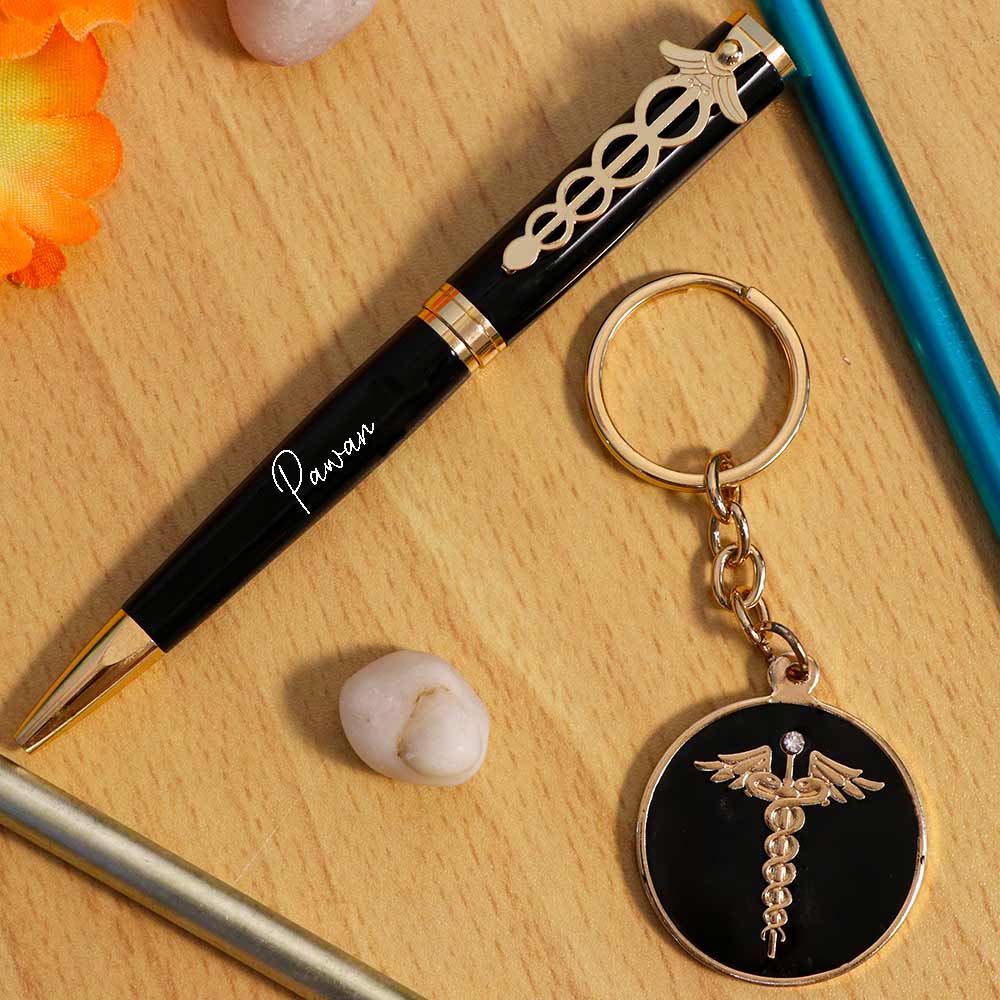 Doctor Customized Pen And Keychain Set - Golden And Black