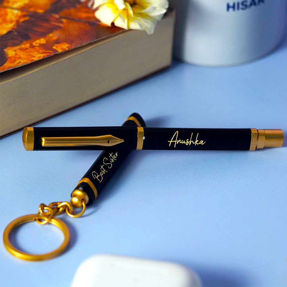 Engraved Pen And Keyring Combo For Sister- Golden And Black - Image 3