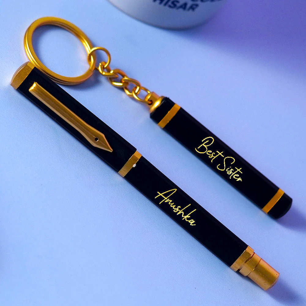 Engraved Pen And Keyring Combo For Sister- Golden And Black - Image 4