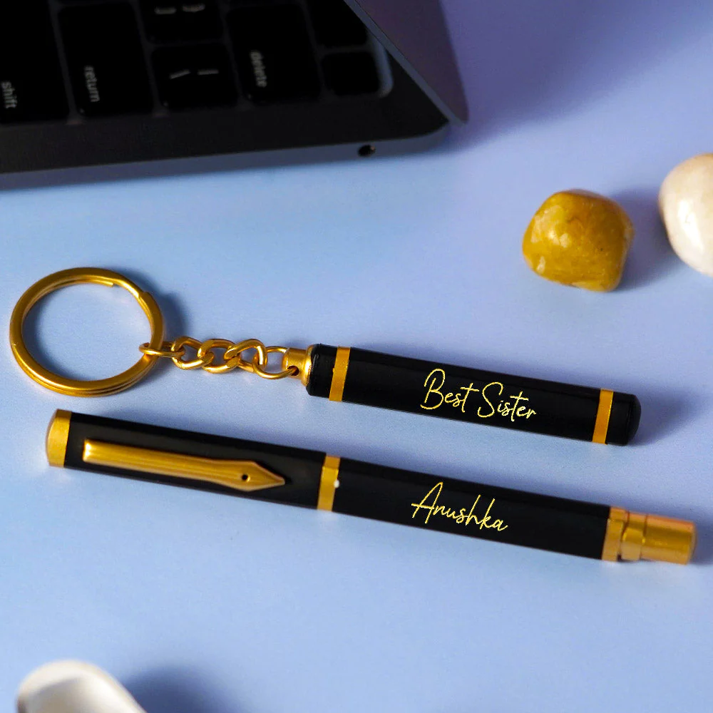 Engraved Pen And Keyring Combo For Sister- Golden And Black - Image 2