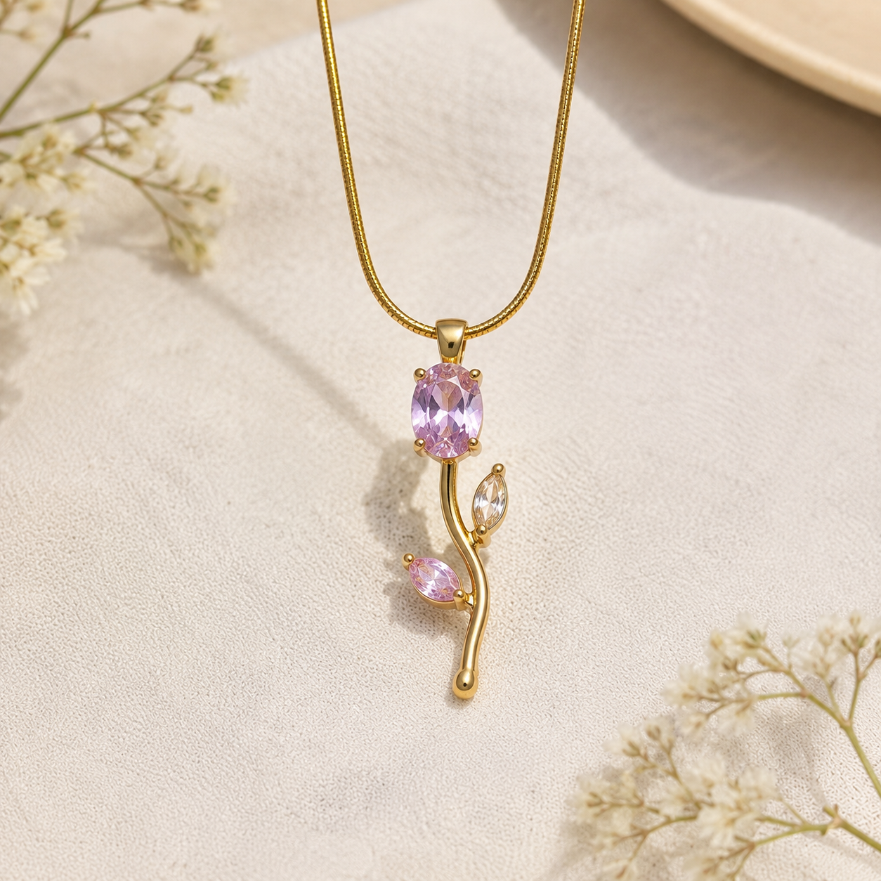Gold Gemstone Pendant Necklace for Women – VINEA Floral Leaf Necklace - Image 2