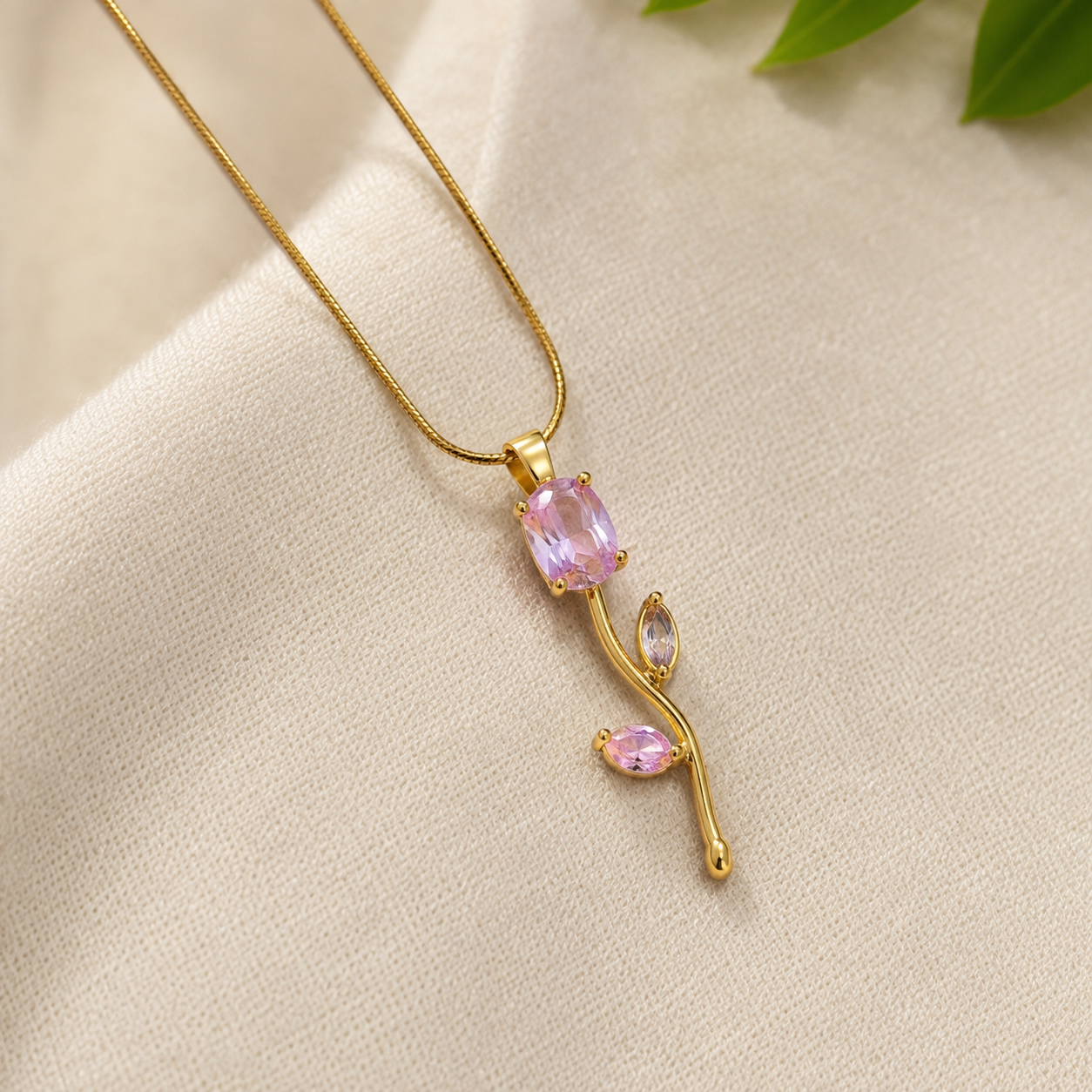 Gold Gemstone Pendant Necklace for Women – VINEA Floral Leaf Necklace - Image 3
